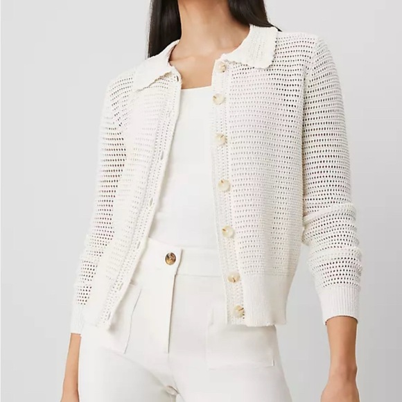 Ann Taylor Ivory Crochet Open-Knit Collared Button Up Cardigan - Picture 1 of 5